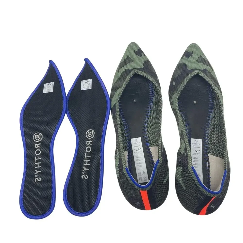 Rothy’s Camouflage Pointed Flats Olive Army Green Orange Knit Shoes 9.5